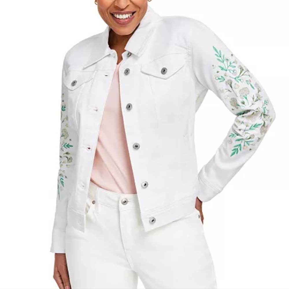 White Denim Jacket with Floral Embroidery